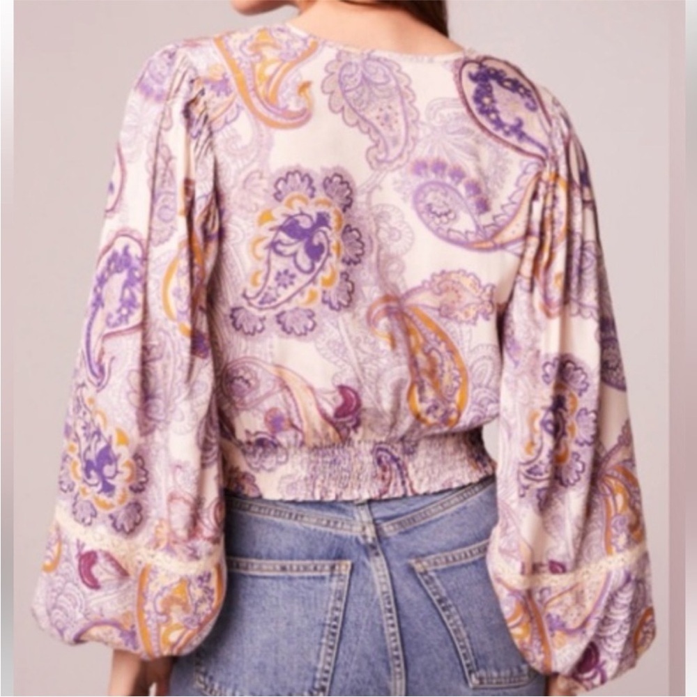 B.O.G Cream Purple Full Sleeve Lace Trim V-Neckline Smocked Back Waist Top NEW - Picture 16 of 16